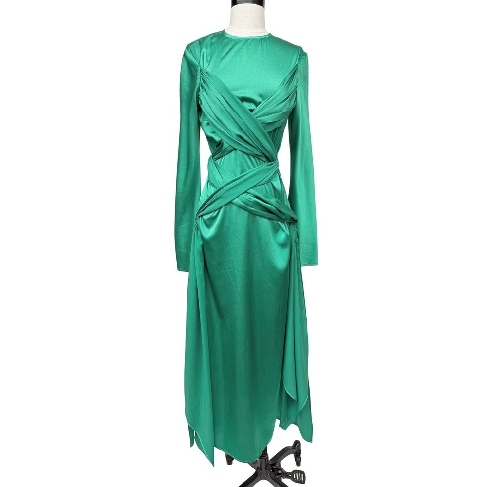 The Wolf Gang Fleur Maxi Dress Pleated Wrap Satin Long Sleeve Womens Small Green